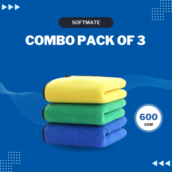 SOFTMATE Combo Pack of 3 Microfiber Car Cleaning Cloth Set, Double-Sided 600 GSM, 40 cm x 40 cm