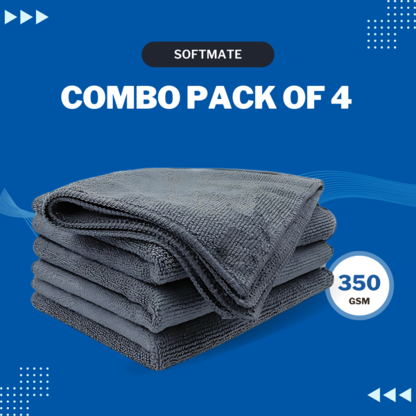 SoftMate Microfiber Car Cleaning Cloth – 350 GSM, Extra Thick, Lint-Free, Double-Sided, Pack of 4 (Grey)
